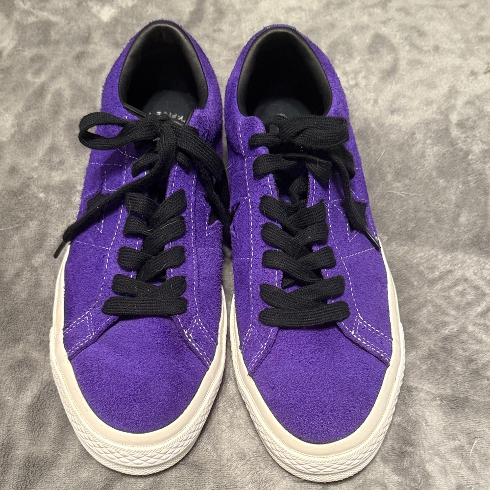 Converse One Star Purple Suede Sneakers with Black laces.